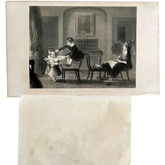 1859 Engraving Children Playing Horses Victorian Mother Children Art DWY5E